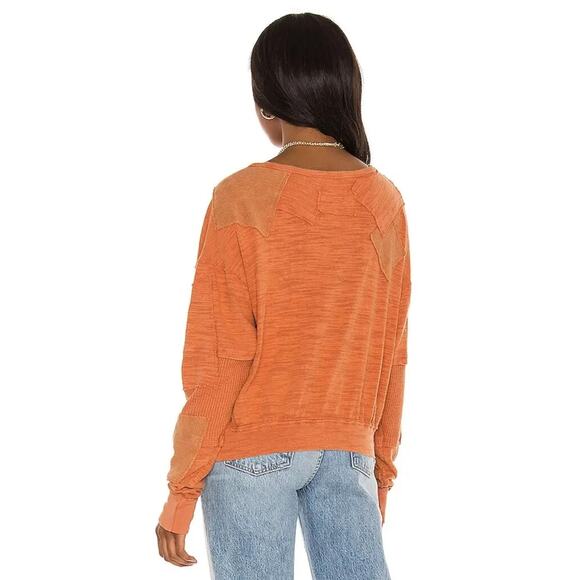 Free People 5 star tee Y2K patches preppy crew sweater brick Orange XS A004908 - Picture 2 of 11